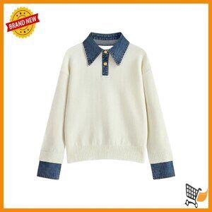 Oversized Polo Sweater Denim Collar Pullover Knit Top Long Sleeve